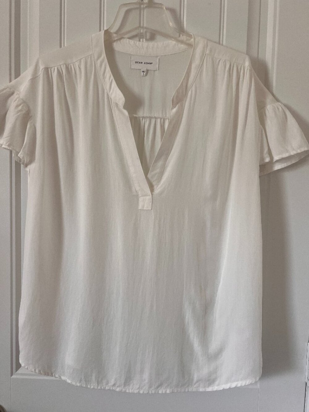 Dear John White Flutter Sleeve Blouse Size L Rayon Tencel V-Neck Sheer Boho
